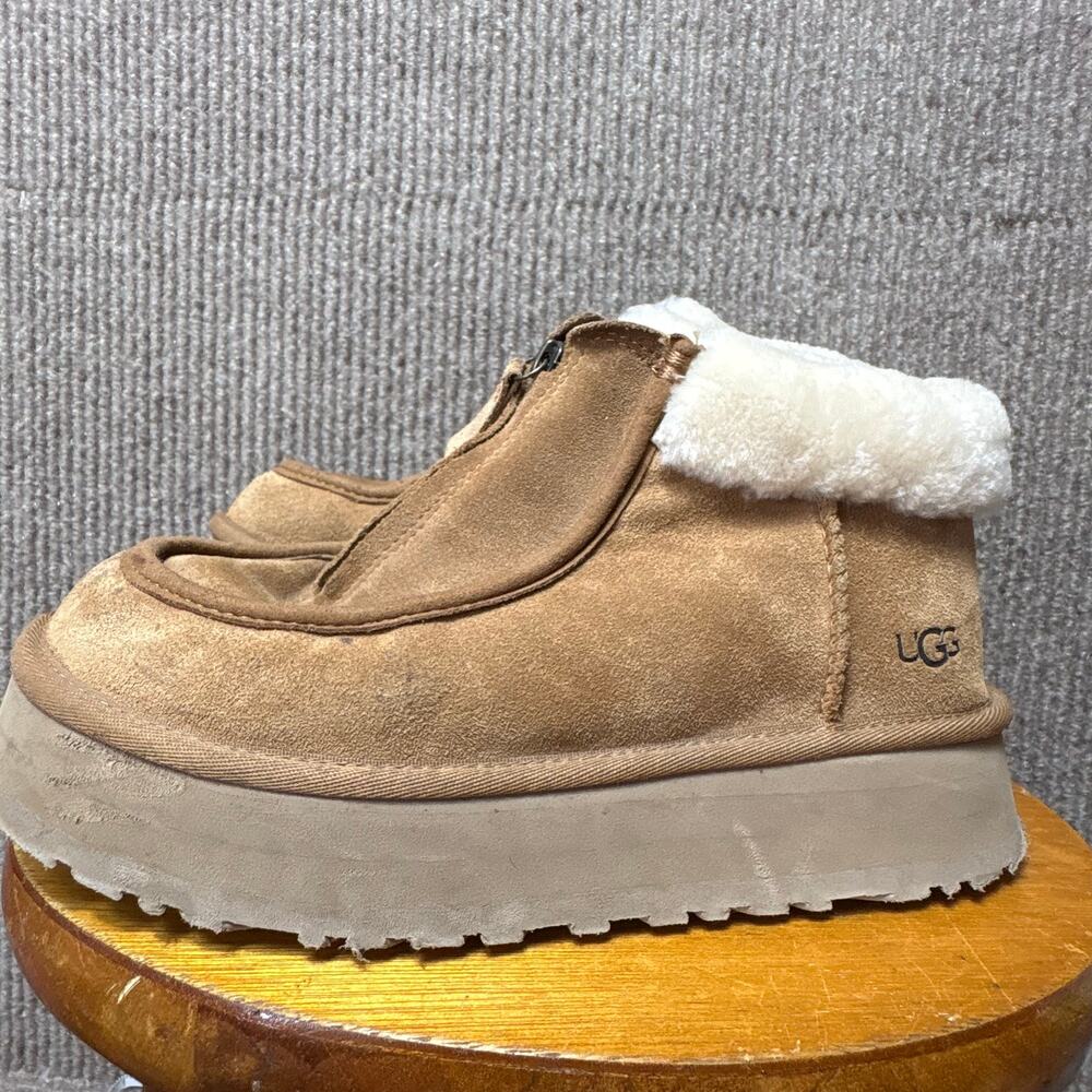 UGG FUNKETTE CHESTNUT SUEDE SHEEPSKIN PLATFORM ANKLE BOOTS SIZE 8 WOMEN